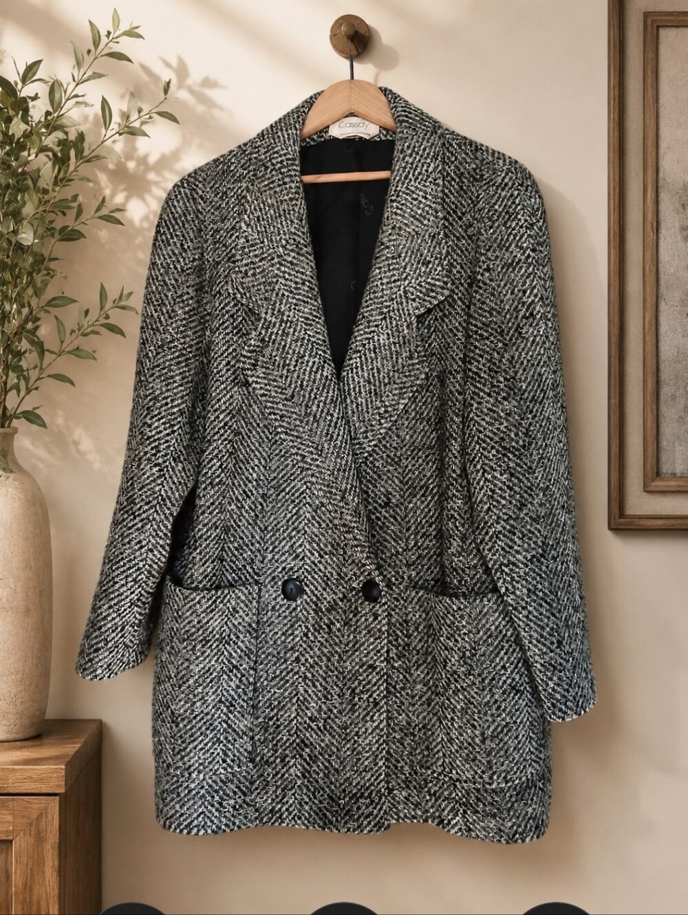 Vintage Cassidy Black And White Tweed Size 8 Wool Double Breasted Jacket